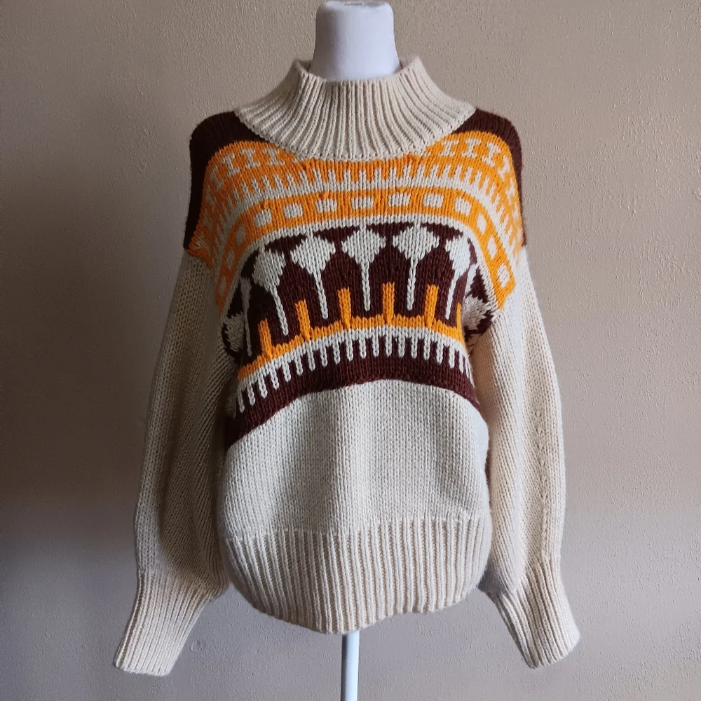 Moodie Medium Boho Western Thick Knit Sweater, Geometric Tan Brown Orange - Picture 9 of 9